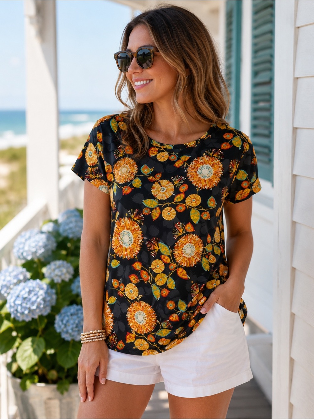 LuLaRoe Womens Top Size M Black Yellow Orange Flowers Classic T‎ Tee Shirt NEW